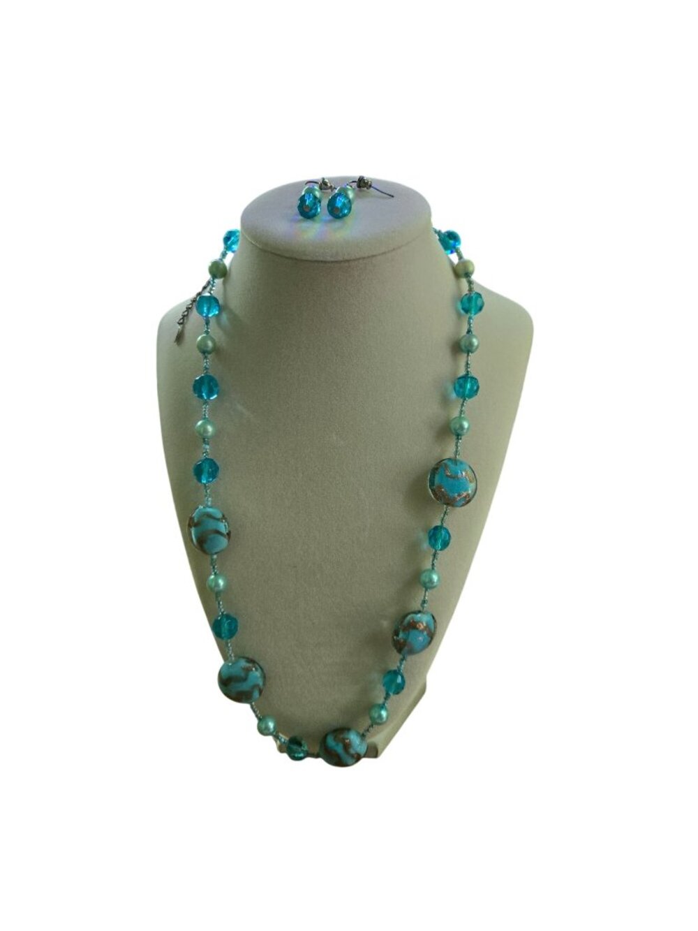 Vintage Esmor 22" Turquoise Gold Glass Bead Necklace 1" Earring Set